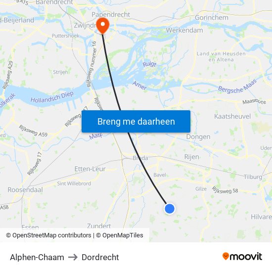 Alphen-Chaam to Dordrecht map
