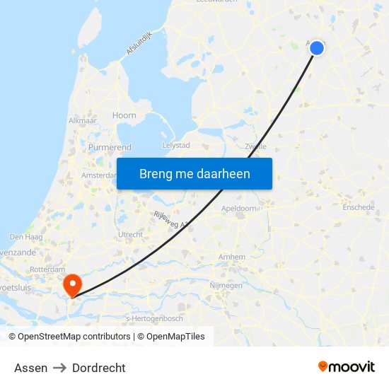 Assen to Dordrecht map