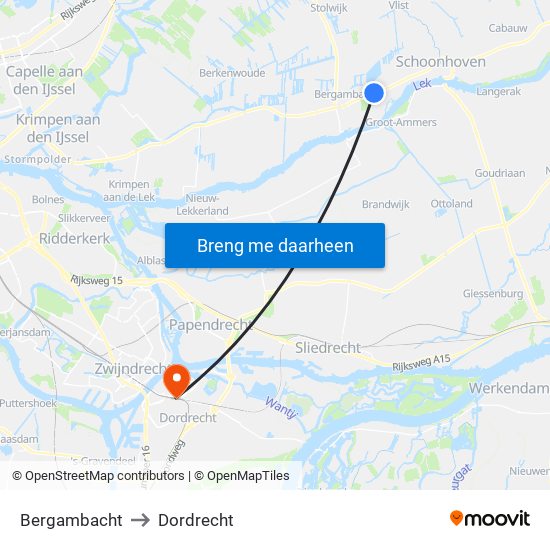 Bergambacht to Dordrecht map
