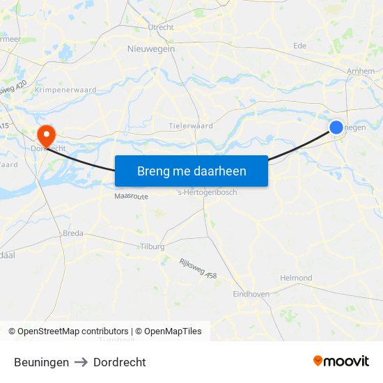 Beuningen to Dordrecht map