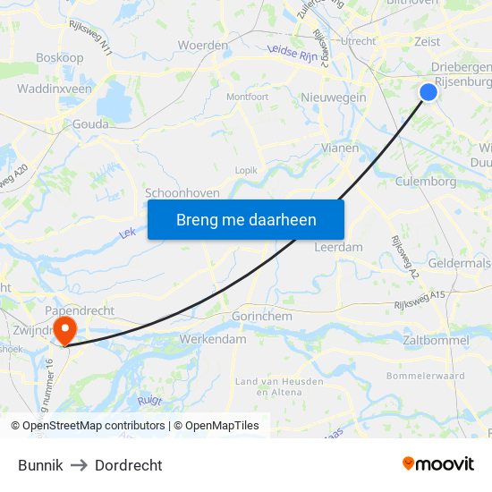 Bunnik to Dordrecht map