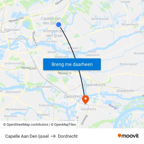 Capelle Aan Den Ijssel to Dordrecht map