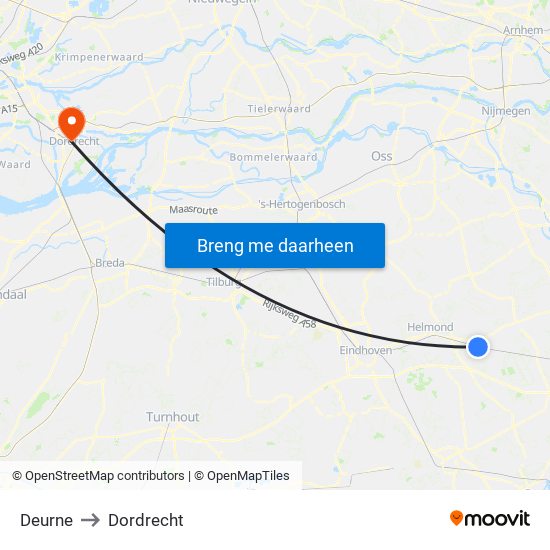 Deurne to Dordrecht map