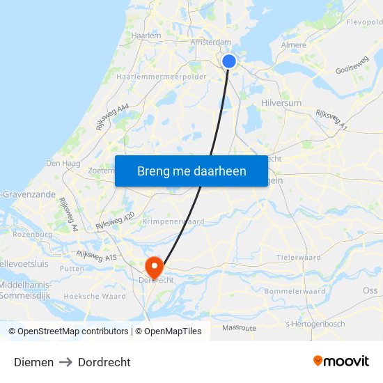 Diemen to Dordrecht map