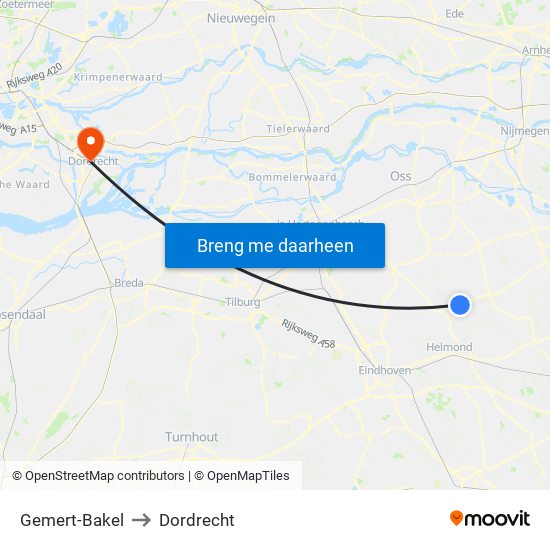 Gemert-Bakel to Dordrecht map