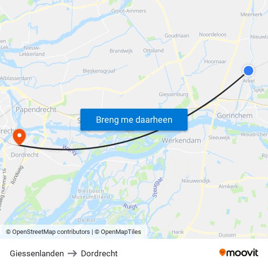 Giessenlanden to Dordrecht map