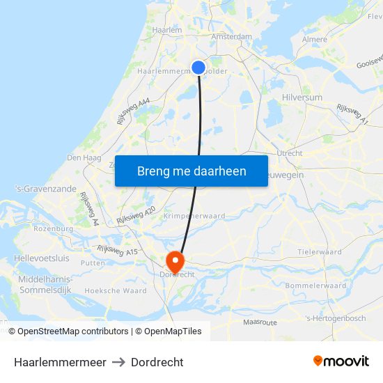 Haarlemmermeer to Dordrecht map