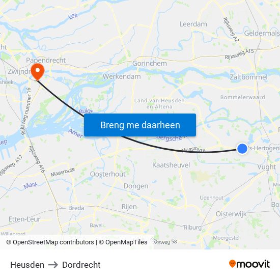 Heusden to Dordrecht map