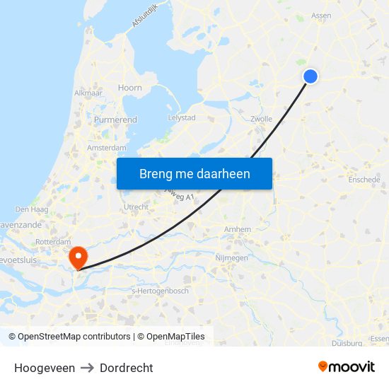 Hoogeveen to Dordrecht map