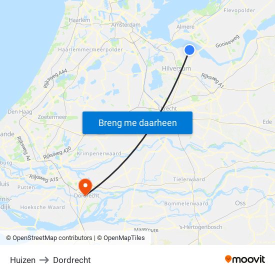 Huizen to Dordrecht map