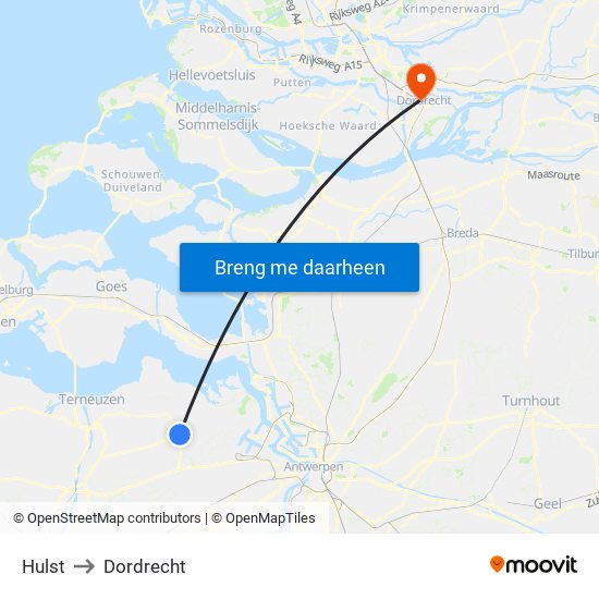 Hulst to Dordrecht map