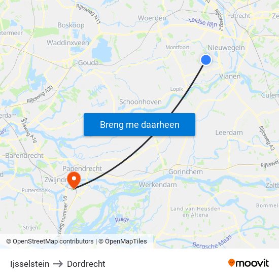 Ijsselstein to Dordrecht map