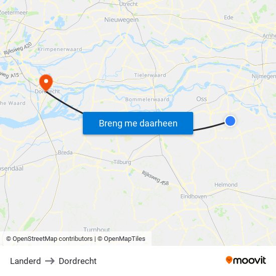 Landerd to Dordrecht map
