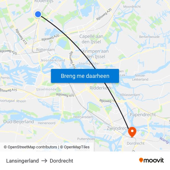 Lansingerland to Dordrecht map