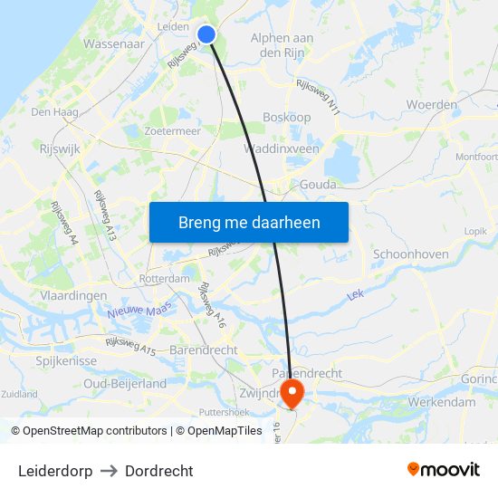 Leiderdorp to Dordrecht map