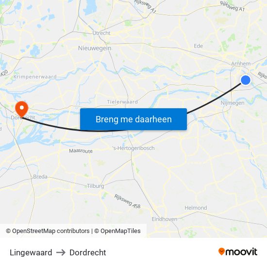 Lingewaard to Dordrecht map