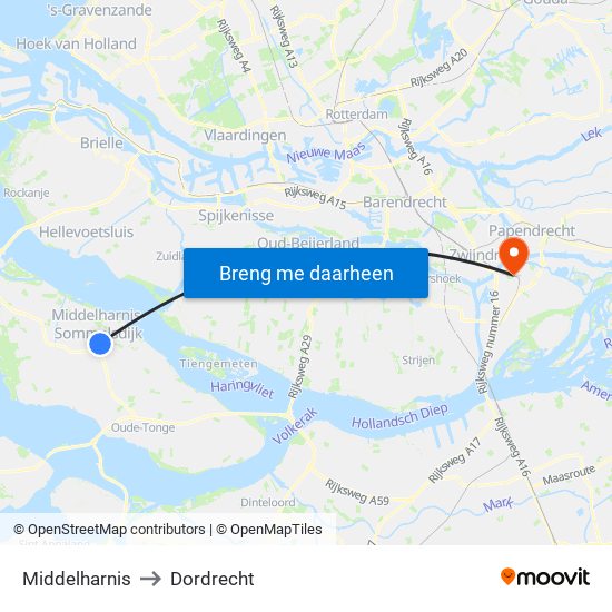Middelharnis to Dordrecht map