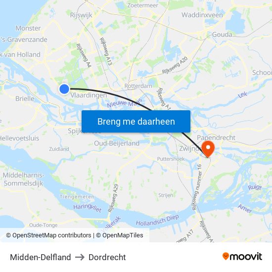 Midden-Delfland to Dordrecht map