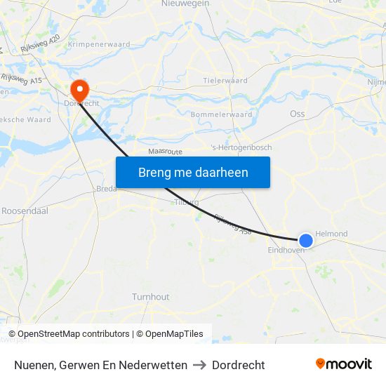 Nuenen, Gerwen En Nederwetten to Dordrecht map