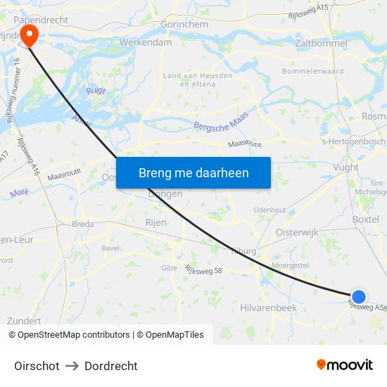 Oirschot to Dordrecht map