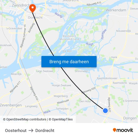 Oosterhout to Dordrecht map