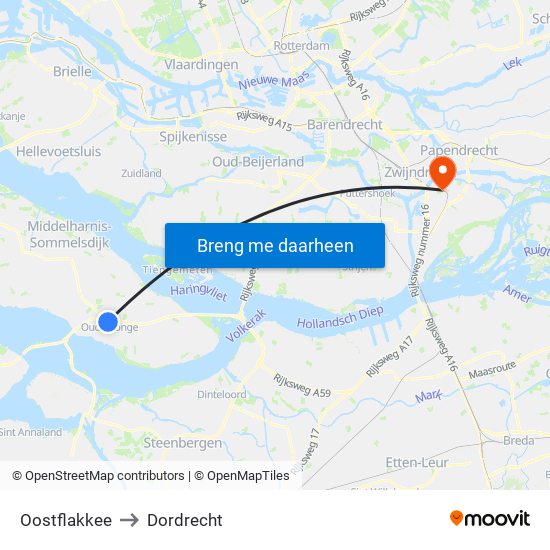Oostflakkee to Dordrecht map