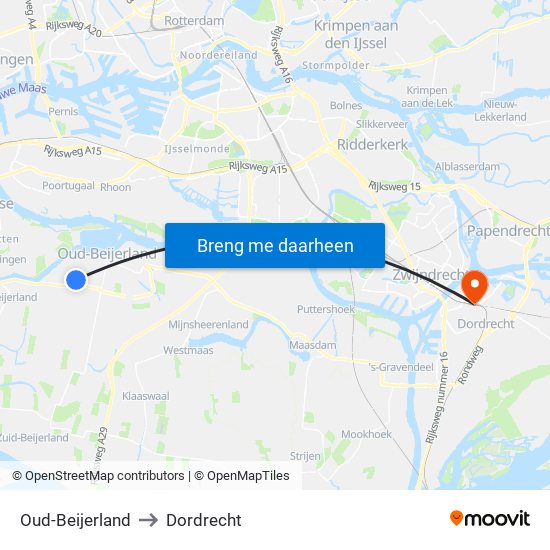 Oud-Beijerland to Dordrecht map