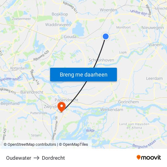 Oudewater to Dordrecht map