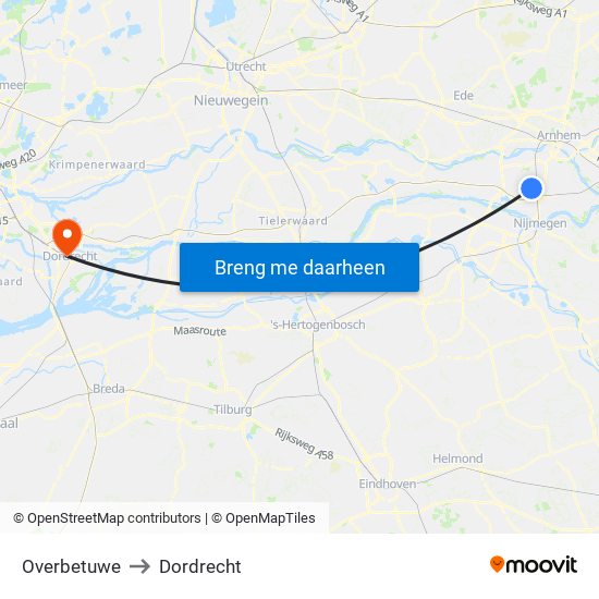 Overbetuwe to Dordrecht map