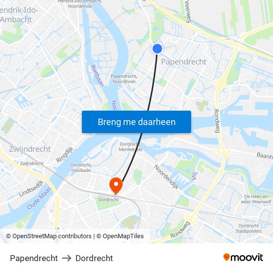Papendrecht to Dordrecht map
