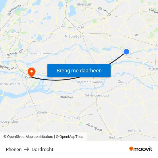 Rhenen to Dordrecht map
