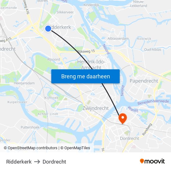 Ridderkerk to Dordrecht map