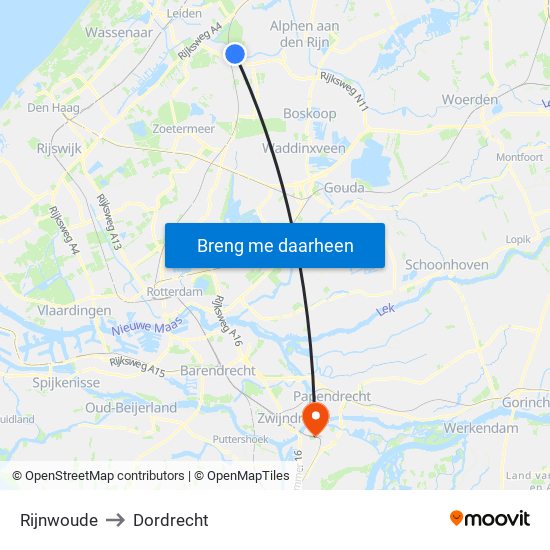 Rijnwoude to Dordrecht map