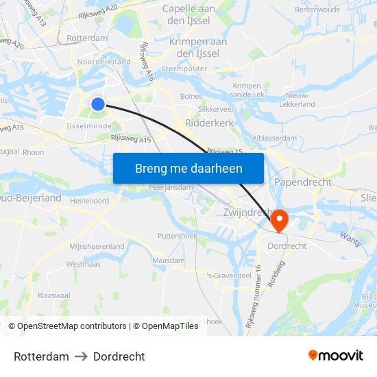 Rotterdam to Dordrecht map