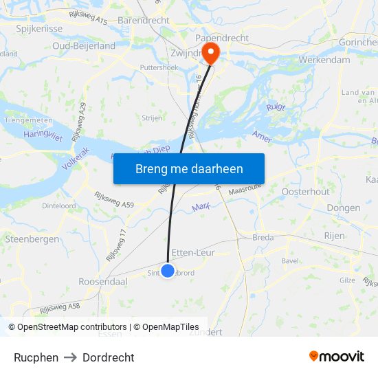 Rucphen to Dordrecht map