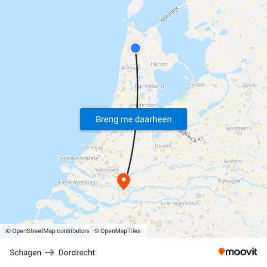 Schagen to Dordrecht map