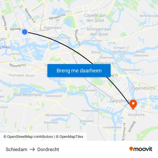 Schiedam to Dordrecht map