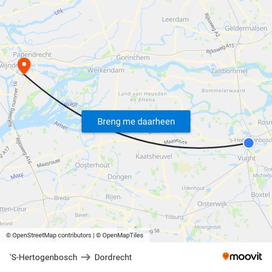 'S-Hertogenbosch to Dordrecht map