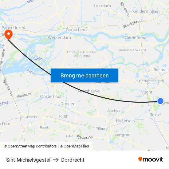 Sint-Michielsgestel to Dordrecht map