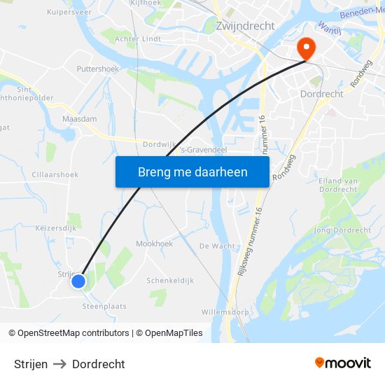 Strijen to Dordrecht map