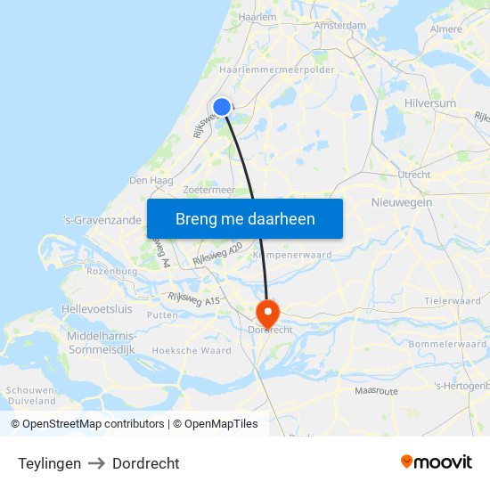 Teylingen to Dordrecht map