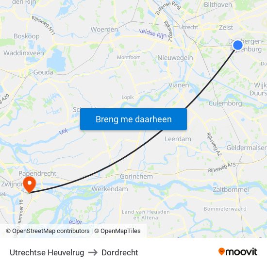 Utrechtse Heuvelrug to Dordrecht map