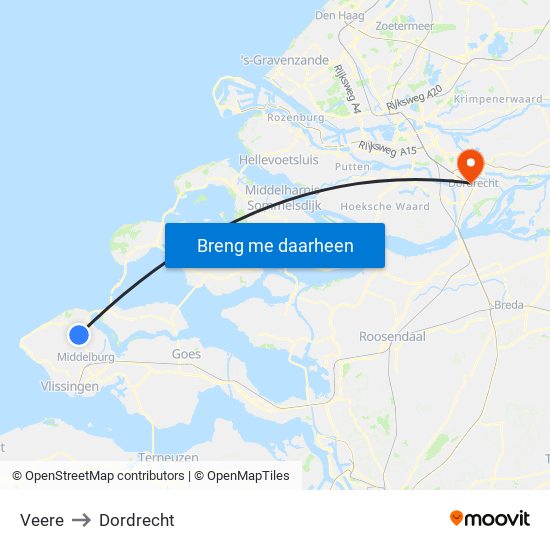 Veere to Dordrecht map