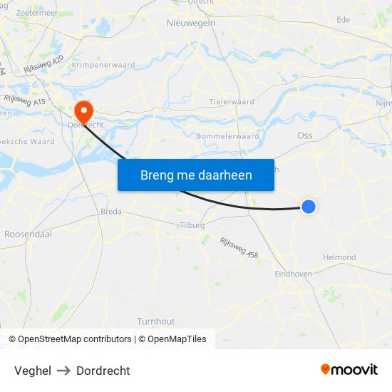 Veghel to Dordrecht map