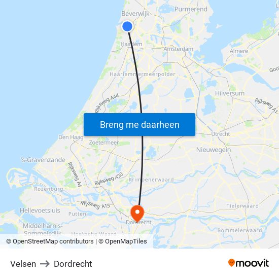 Velsen to Dordrecht map