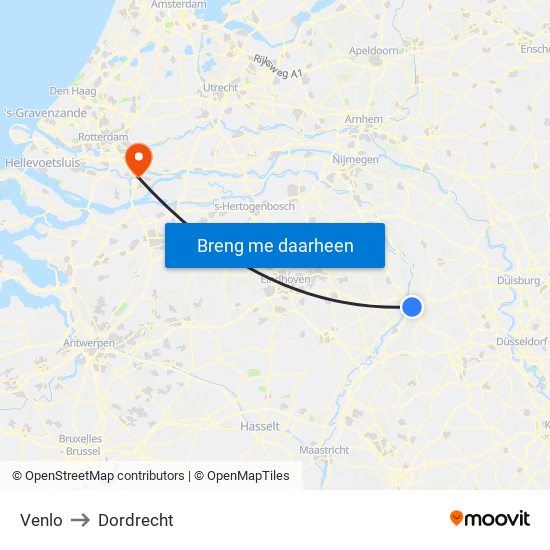 Venlo to Dordrecht map