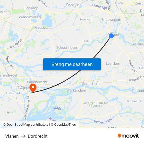 Vianen to Dordrecht map