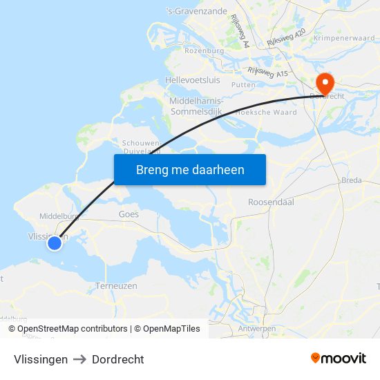 Vlissingen to Dordrecht map