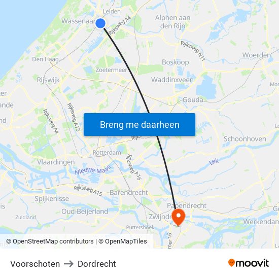 Voorschoten to Dordrecht map