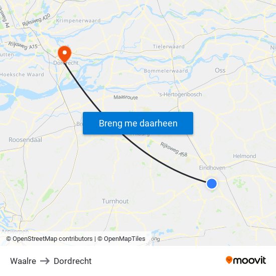 Waalre to Dordrecht map